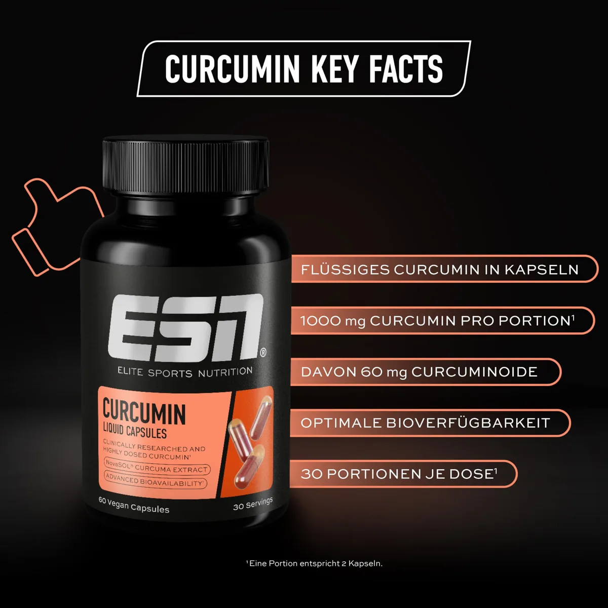 ESN Kurkuma Kapseln, 60 Kapseln, 1000 mg Curcumin pro Portion, aus patentiertem NovaSOL, 185 x höhere Bioverfügbarkeit durch flüssige Form, vegan – Bild 3