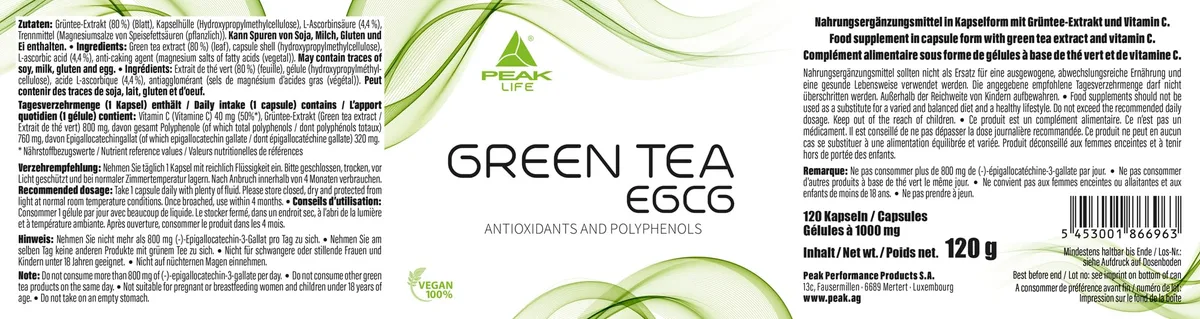 PEAK Grüntee - EGCG - 120 Kapseln I 120 Portionen I mit Polyphenolen, sekundären Pflanzenstoffe & Vitamin C I vegan I GMO frei – Bild 3