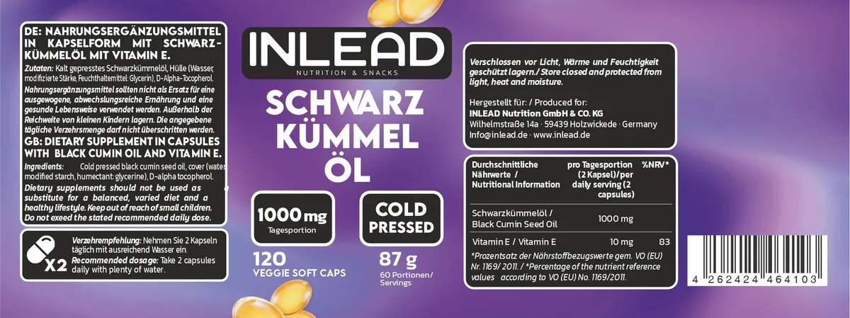 INLEAD - Schwarzkümmelöl Caps | Kaltgepresstes Schwarzkümmelöl mit Vitamin E | 1000mg pro Tagesportion | Vegan, Glutenfrei & Laktosefrei - 120 Softgel Kapseln – Bild 3
