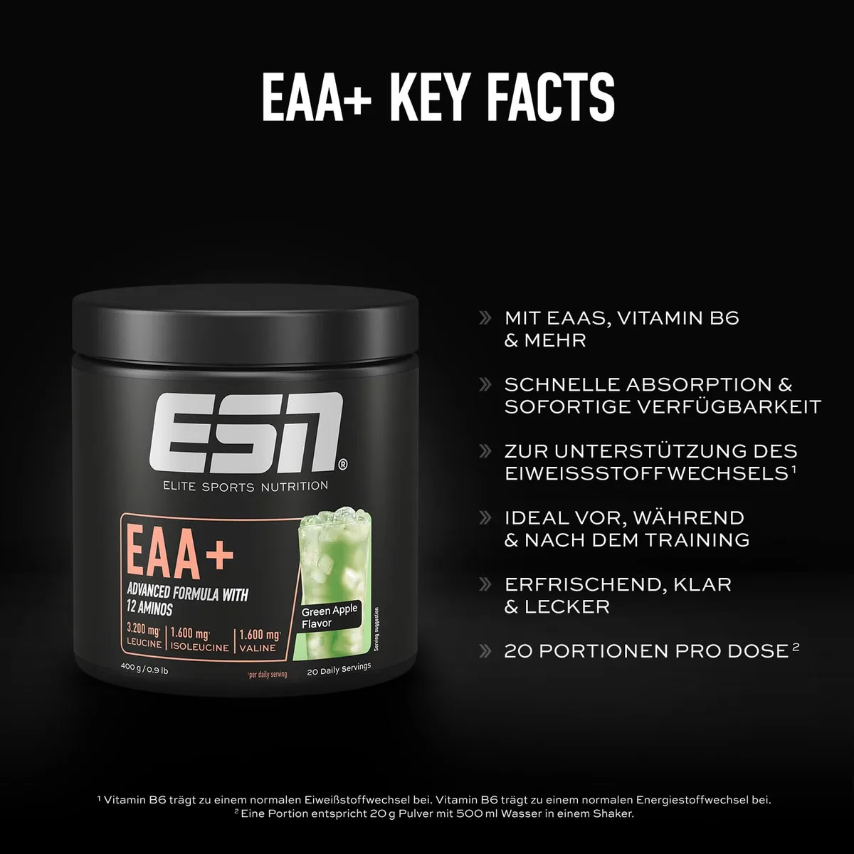 ESN EAA+, Green Apple, 400 g, allen 9 EAAs & Vitamin B6, 3,2 g Leucin pro Portion, ideale Löslichkeit, vegan - made in Germany – Bild 3