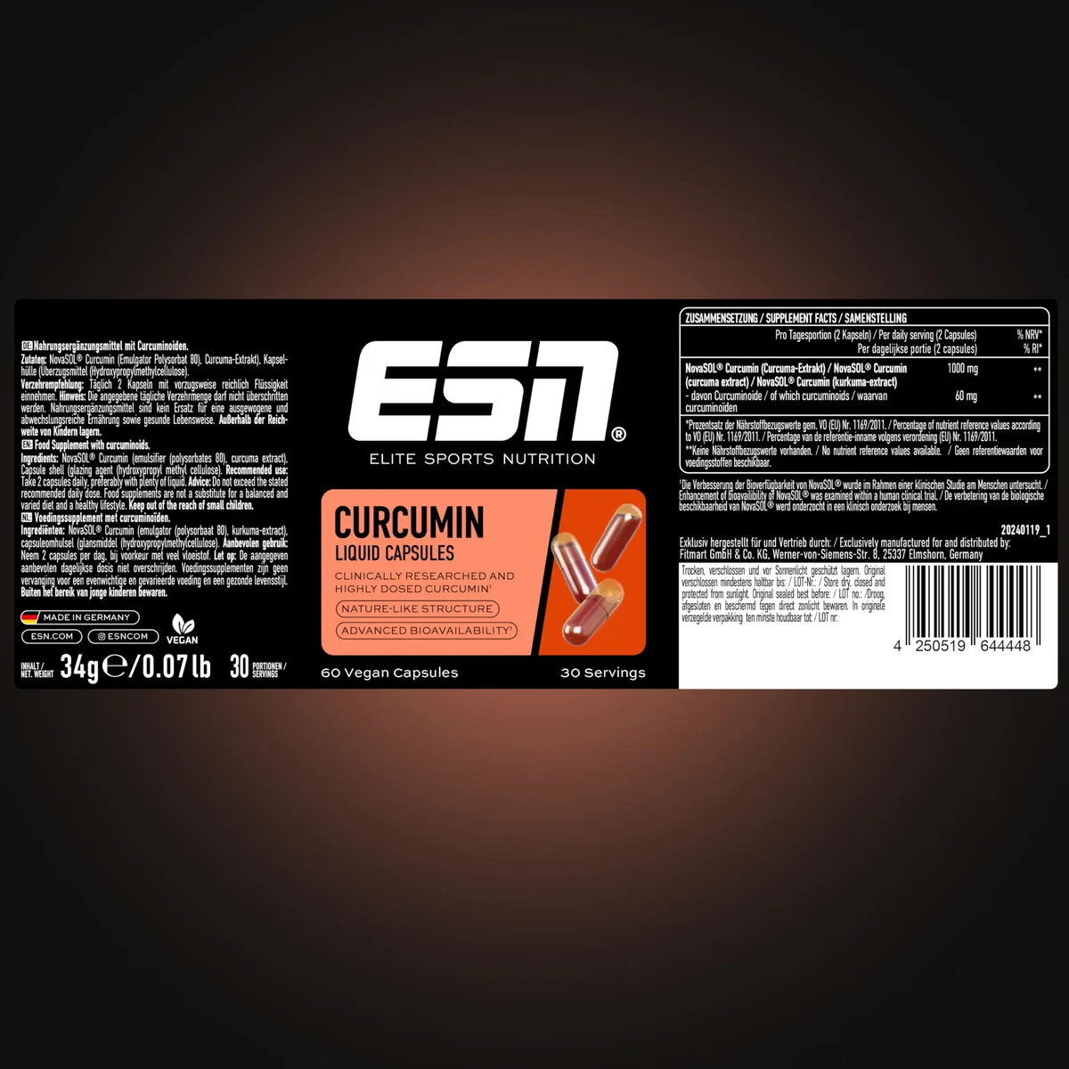 ESN Kurkuma Kapseln, 60 Kapseln, 1000 mg Curcumin pro Portion, aus patentiertem NovaSOL, 185 x höhere Bioverfügbarkeit durch flüssige Form, vegan – Bild 4