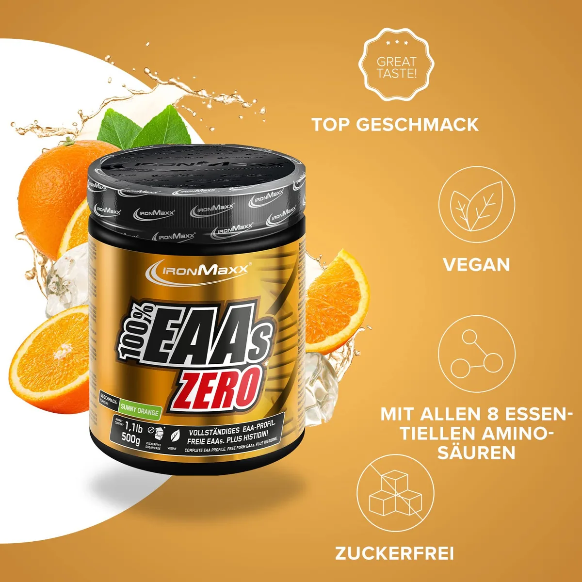 IronMaxx 100% EAAs Zero - Sunny Orange 500g Dose | EAA-Pulver,Vegan Und Zuckerfrei Mit Allen 8 Essentiellen Aminosäuren | Fruchtiger Geschmack, Frei Von Konservierungsstoffen – Bild 2