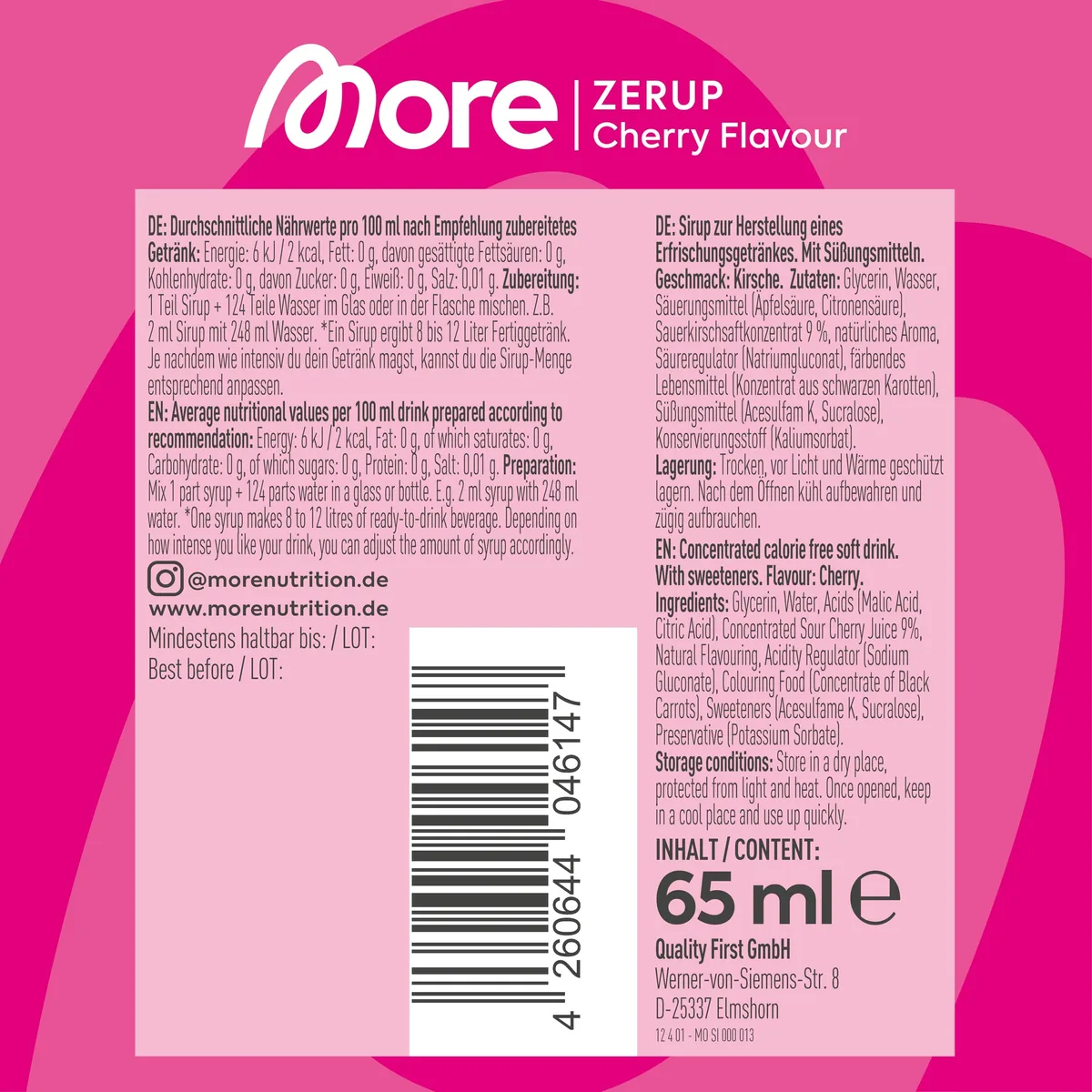 MORE Zerup, Cherry, 65 ml, für bis zu 8 l Fertiggetränk, zuckerfreier Sirup mit u.a. echten Fruchtextrakten, vegan, zero Kalorien - made in Germany – Bild 4