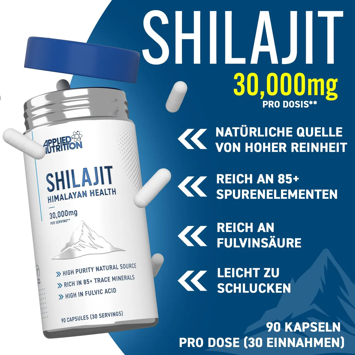 Applied Nutrition Shilajit Kapseln – 90 Kapseln Einnahmen, 60% Fulvinsäure (750 mg 20:1 Extrakt) 30,000 mg Hochdosiert Original aus dem Himalaya, 85+ Mineralien Antioxidans – Bild 2