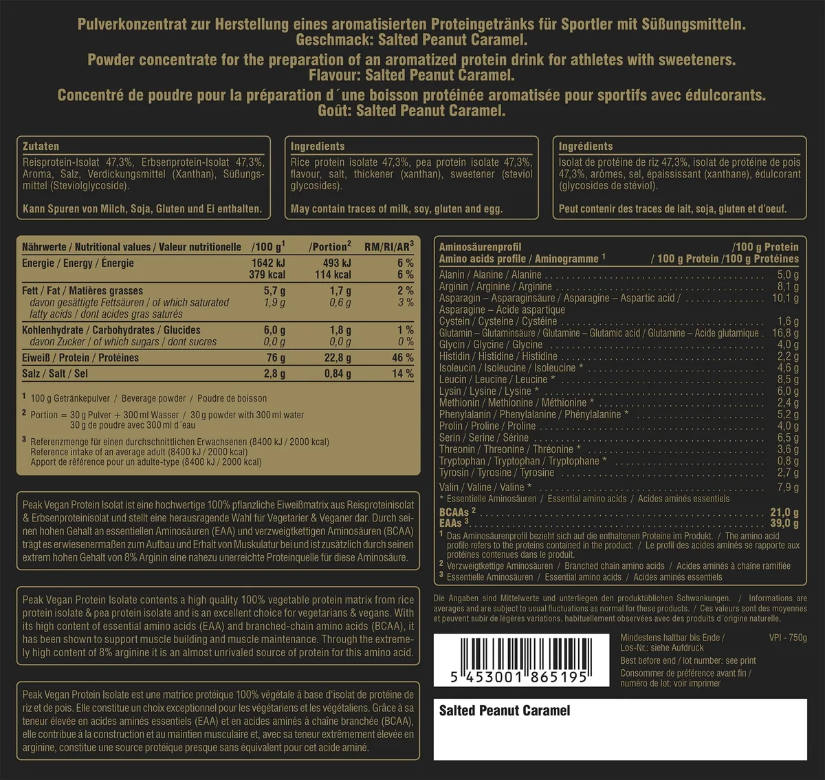 PEAK Vegan Protein Isolat - 750g Geschmack Salted Peanut Caramel I 25 Portionen I Pulver I pflanzliche Proteinquellen: Erbse - & Reisprotein I für Muskelaufbau I Süße aus Stevia I GMO-free – Bild 2