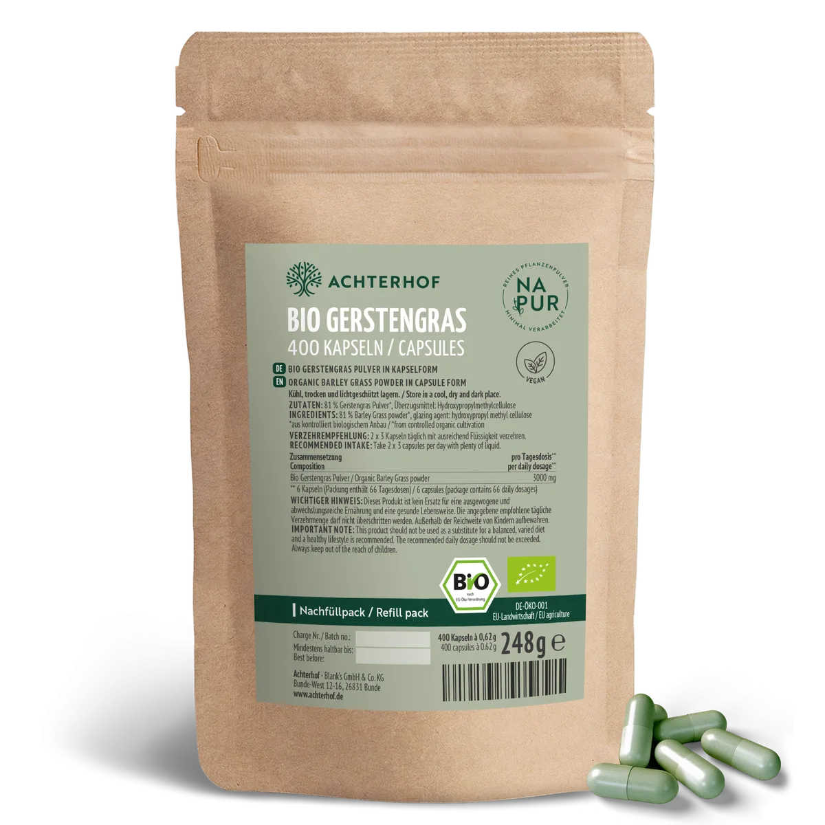 Bio Gerstengras Kapseln Nachfüllpack (400 Kapseln)