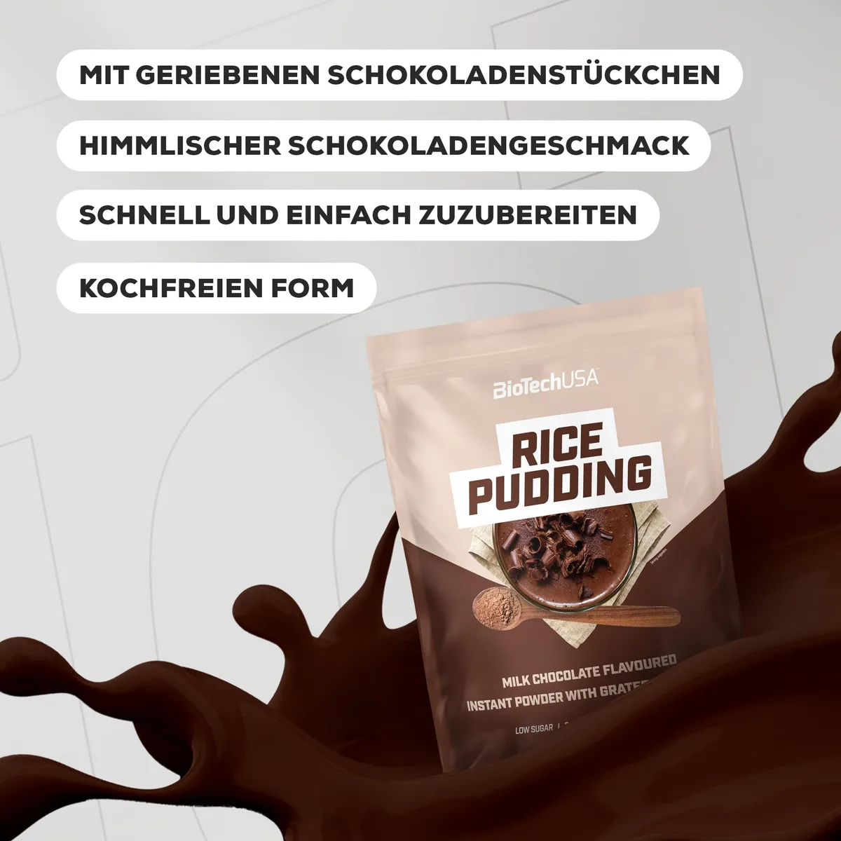 BioTechUSA Rice Pudding | Instant-Milchreis-Pulver | Mit geriebenen Schokoladenstückchen | Niedriger Zuckergehalt | Glutenfrei, 1000 g, Milchschokolade – Bild 3