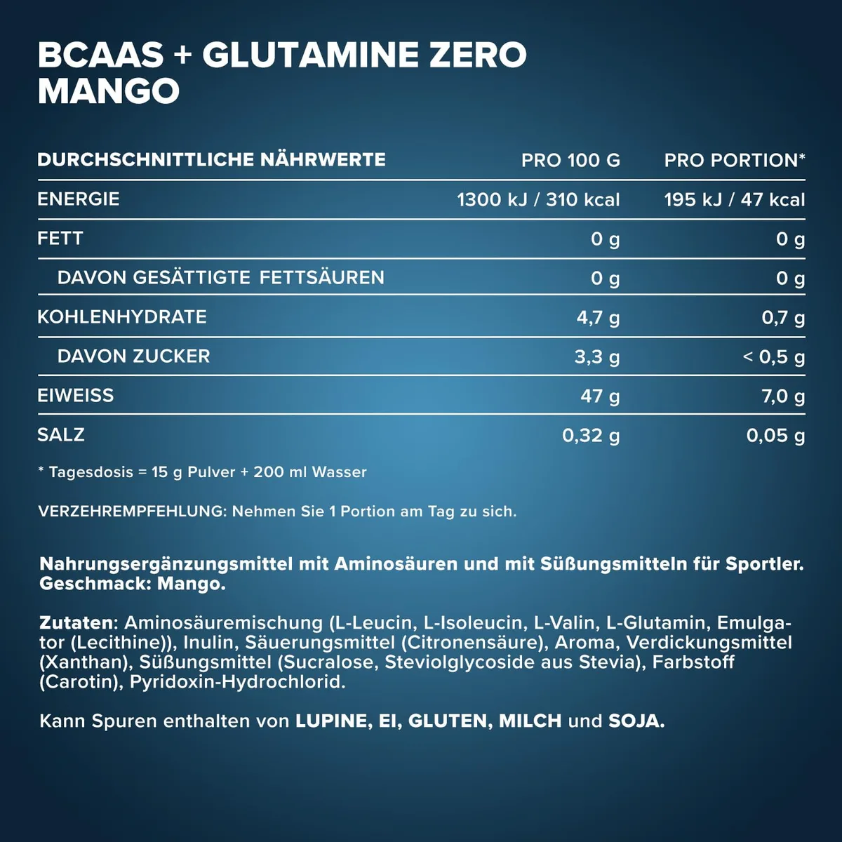 IronMaxx 100% BCAAs + Glutamine Zero - Mango 500g | veganes & zuckerfreies Aminosäuren Pulver mit Vitamin B6 | 6000 mg BCAA´s und 1000 mg Glutamin pro Portion – Bild 4