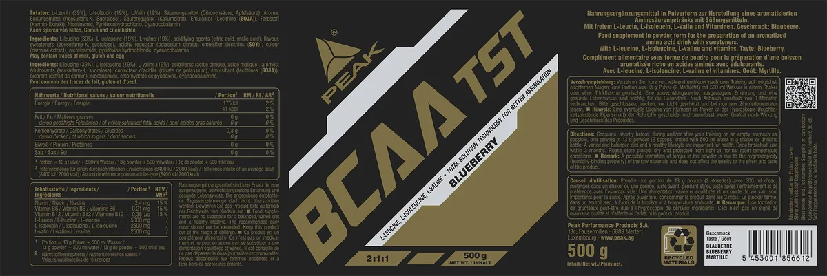 PEAK BCAA - TS-Technology - 500g Gschmack Blueberry I 38 Portionen I verzweigtkettige Aminosäuren I 2:1:1 (Leucin : Isoleucin : Valin) I schnelle Resorption I vegan – Bild 2