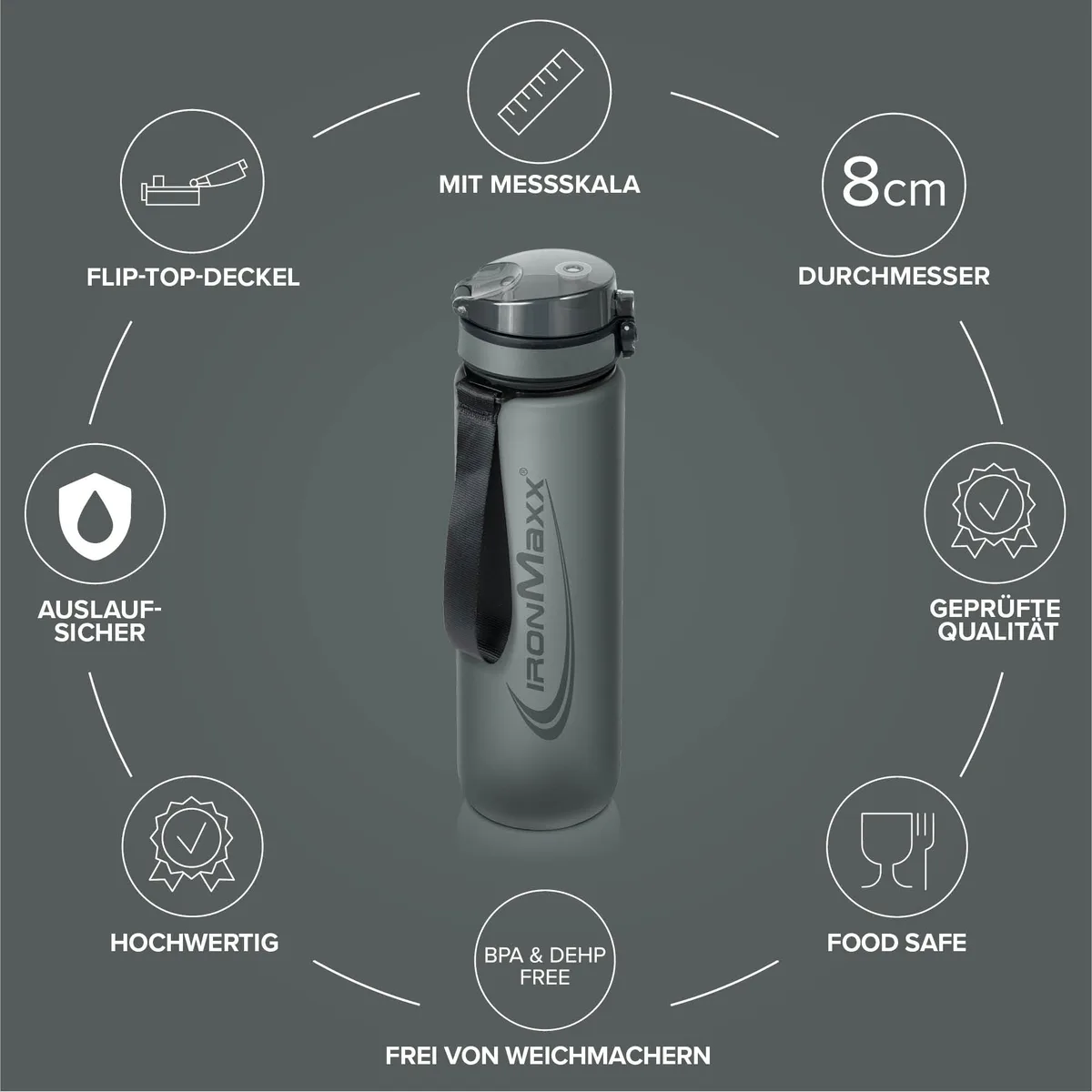 Sport Water Bottle (1000ml) - Ash Grey – Bild 5