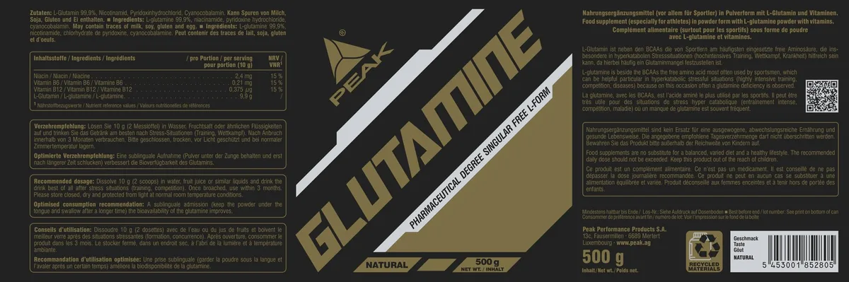 PEAK Glutamin - 500g I 50 Portionen ultrafeines, hochdosiertes L-Glutamin Pulver mit Vitamin B-Complex zur Regeneration und Unterstützung der Verdauung & des Immunsystems – Bild 2