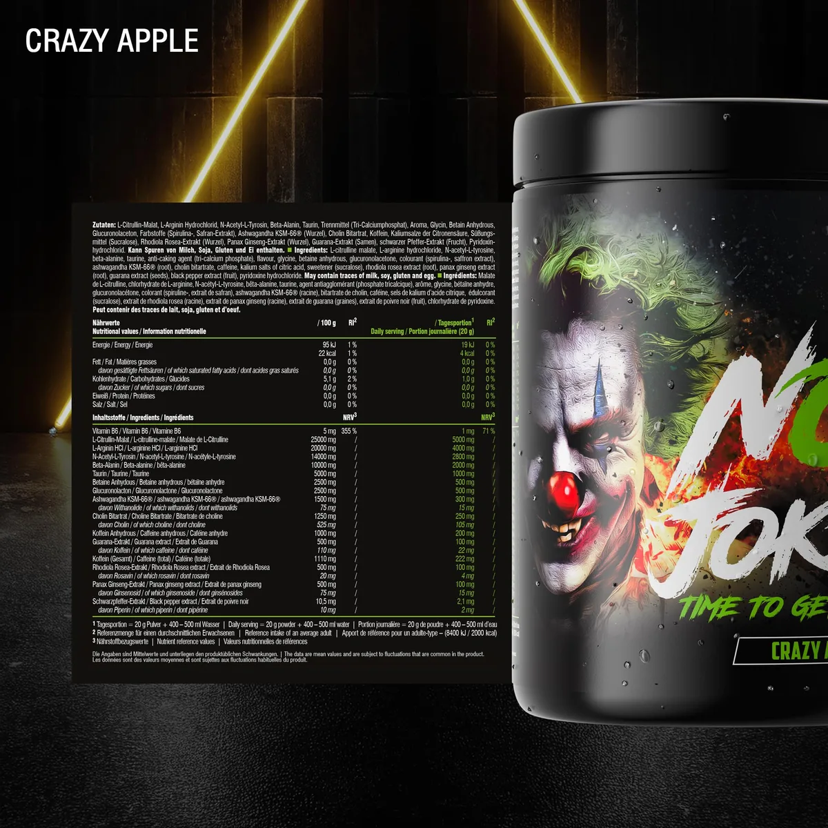 PEAK No Jokes - 600g Geschmack Crazy Apple I 30 Portionen I Concentrated Pre Workout Booster mit L-Citrullin, L-Arginin HCl, Koffein und Beta Alanin für Pump und Fokus I vegan – Bild 2