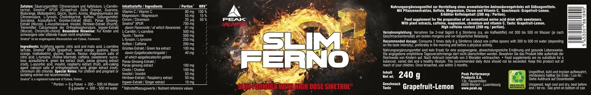 PEAK Slimferno - 240g Geschmack Grapefruit Lemon I 40 Portionen I Pulver I Sinetrol XPUR I mit Vitamin C I Chrom I Cholin I Diätunterstützung I Energiestoffwechsel I vegan – Bild 2