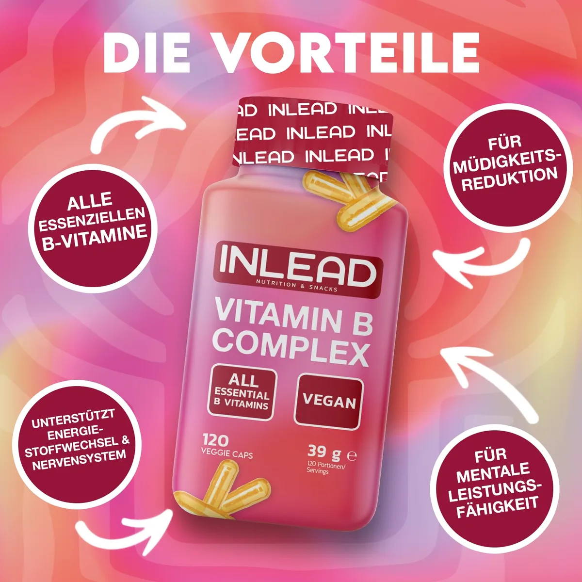 INLEAD - Vitamin B Complex mit Bioaktiven Formen & Quatrefolic | Alle essentiellen B-Vitamine in einer Kapsel pro Tag | Vegan - 120 Kapseln – Bild 2