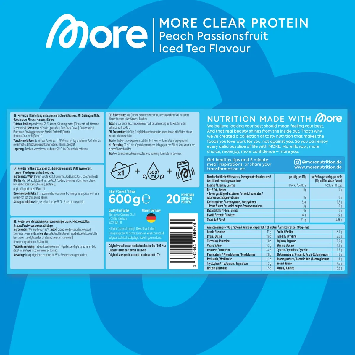 MORE Clear Protein, Peach Passionfruit Ice Tea, 600 g, Protein Drink mit Whey Isolat - made in Germany – Bild 4