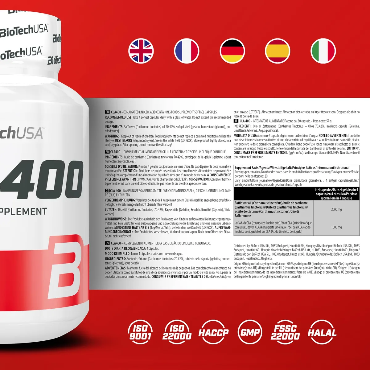 BioTechUSA CLA 400 Nahrungsergänzungsmittel Weichgelatinekapseln, die konjugierte Linolsäure enthalten, 80 Softgel Kapseln – Bild 4