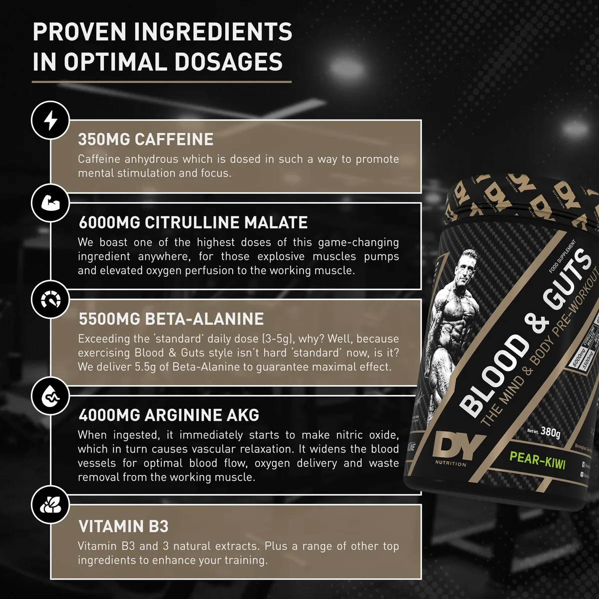 Dorian Yates Nutrition - Blood & Guts | Pre Workout Booster mit Arginin + Citrullin (380g, Watermelone - Wassermelone) – Bild 3
