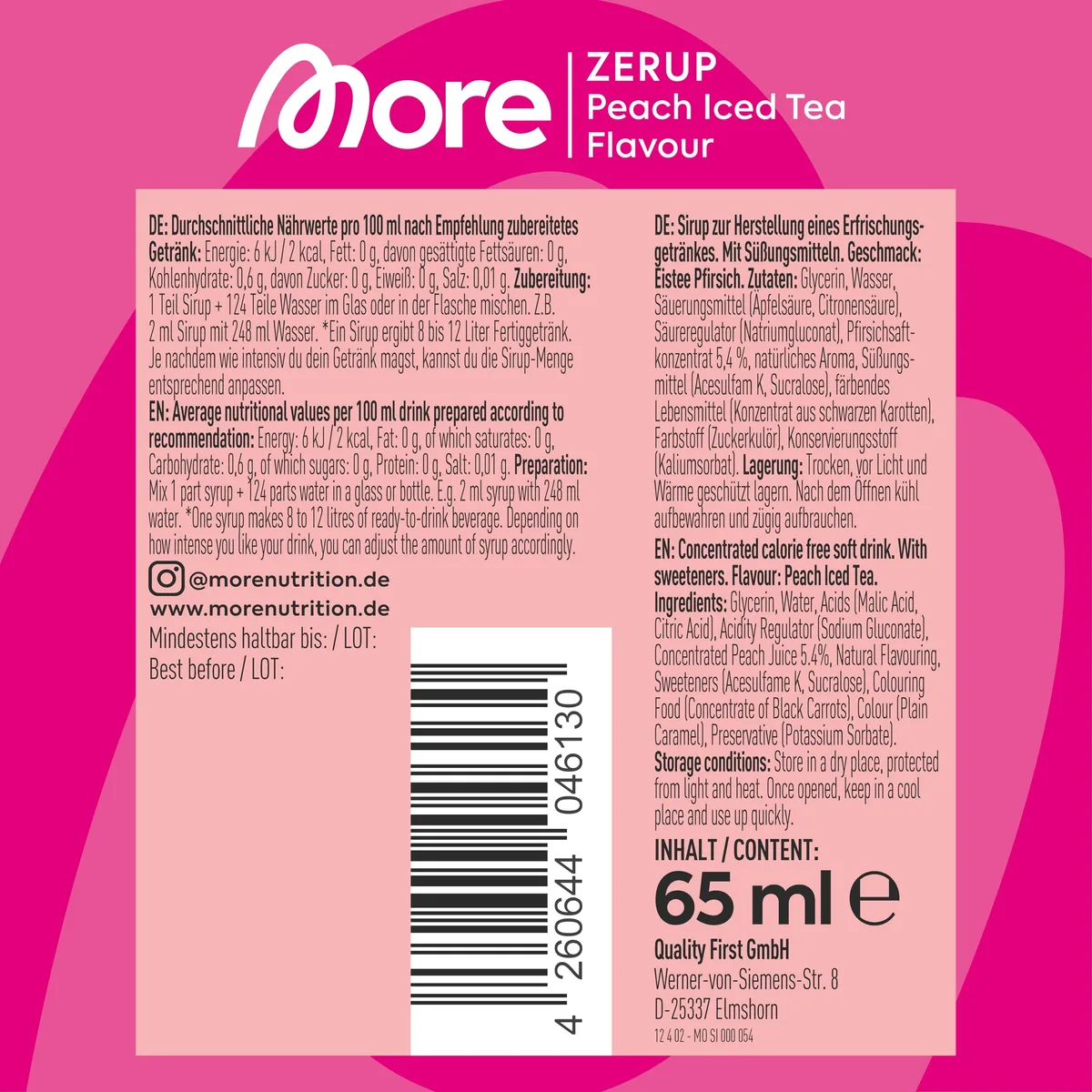 MORE Zerup, Peach Iced Tea, 65 ml, für bis zu 8 l Fertiggetränk, zuckerfreier Sirup mit u.a. echten Fruchtextrakten, vegan, zero Kalorien - made in Germany – Bild 4