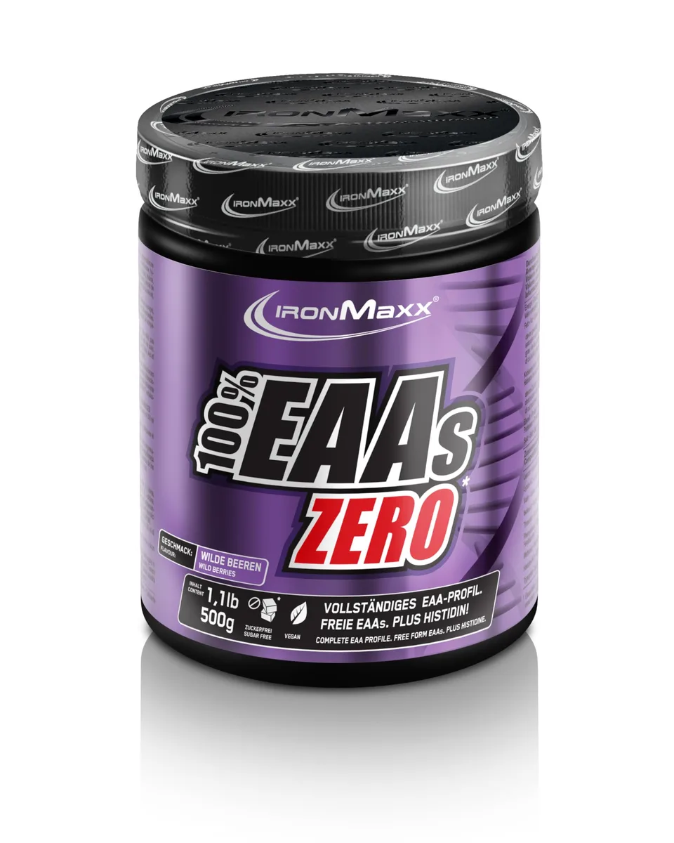 IronMaxx 100% EAAs Zero Wildberry 500g - EAAs Pulver hochdosiert, Vegan und zuckerfrei, 8 essentielle Aminosäuren zur Ergänzung deiner Sporternährung