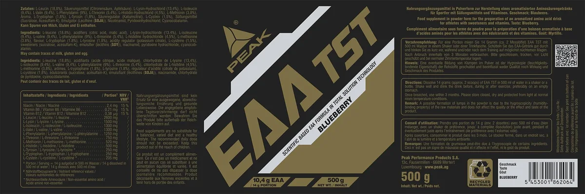 PEAK EAA - TS-Technology - 500g Geschmack Blueberry I Pulver I alle essentiellen Aminosäuren I Muskelaufbau I schnell resorbierbar I vegan I B - Vitamine – Bild 2