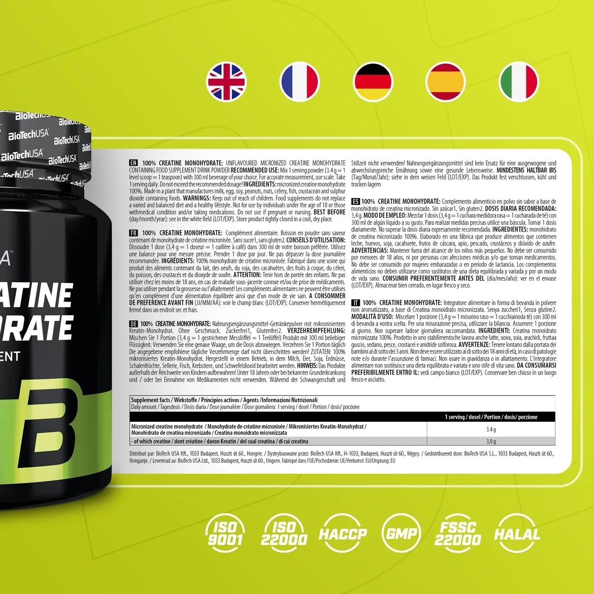 BioTechUSA 100% Creatine Monohydrate | Kreatin in pharmazeutischer Qualität | Mikronisiert | Vegan | Glutenfrei, 500 g Dose – Bild 7
