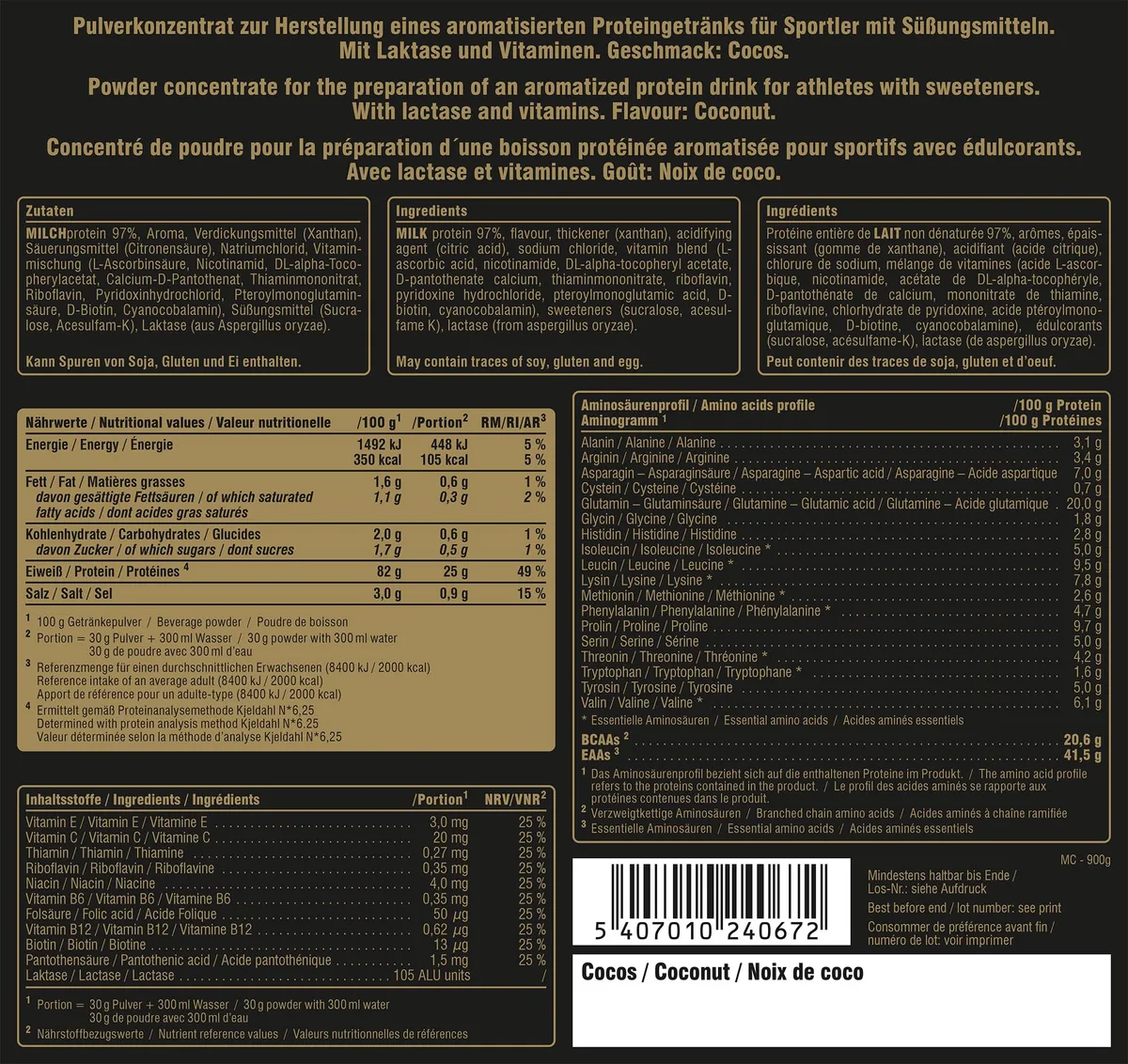 PEAK Micellar Casein - 900g Geschmack Coconut I 30 Portionen I Pulver I Proteinquelle: Milchprotein I fettarm I Muskelaufbau I mit Sättigungseffekt & Zusatz von Laktase – Bild 3