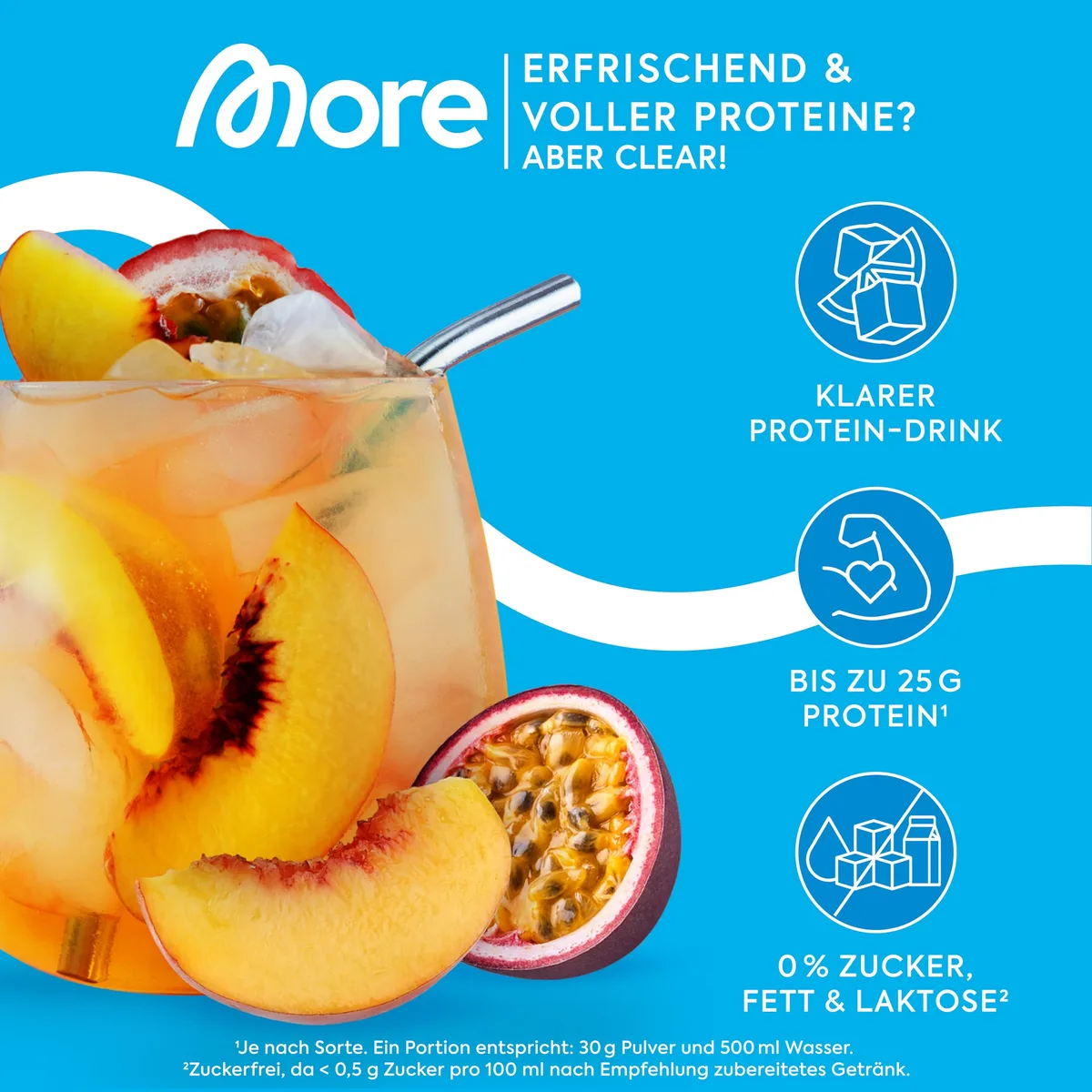 MORE Clear Protein, Peach Passionfruit Ice Tea, 600 g, Protein Drink mit Whey Isolat - made in Germany – Bild 2