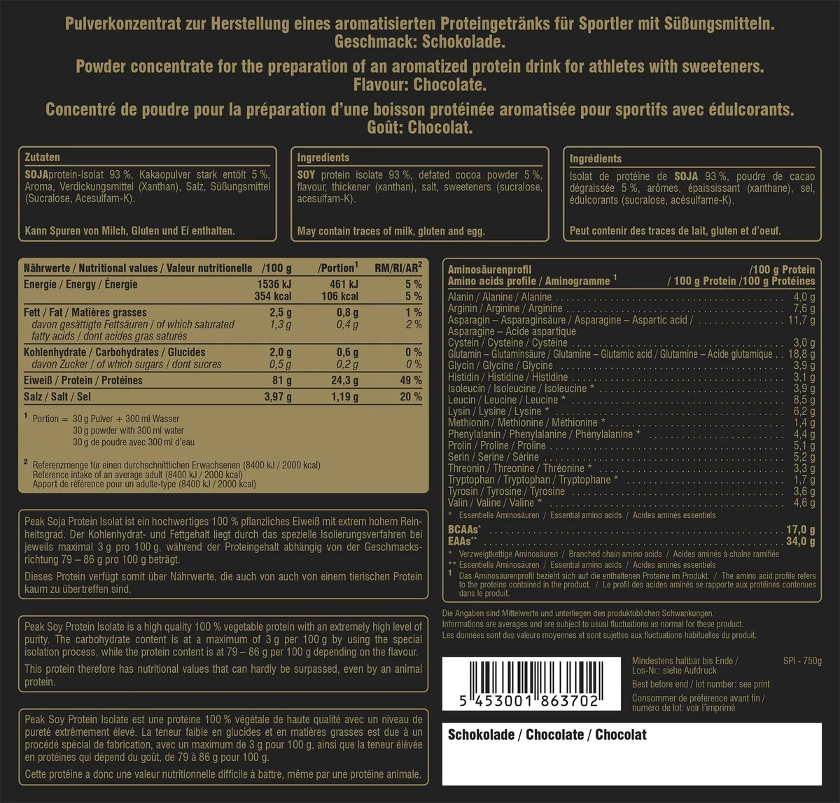Soja Protein Isolat - 750g Geschmack Chocolate I 25 Portionen I Pulver I Soy I pflanzliches Eiweiß I GMO - free I hoher EAA Gehalt I Muskelaufbau I vegan I glutenfrei – Bild 2