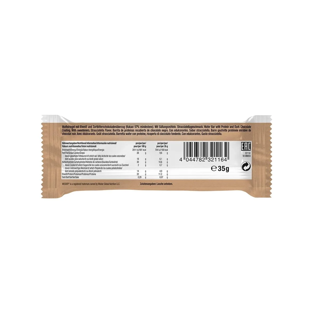 Weider - Whey Wafer - Knuspriger Proteinriegel mit 30% Eiweiß und Schokoladenüberzug - Wenig Zucker, Protein Snack - Box mit 12x35g - Stracciatella – Bild 5