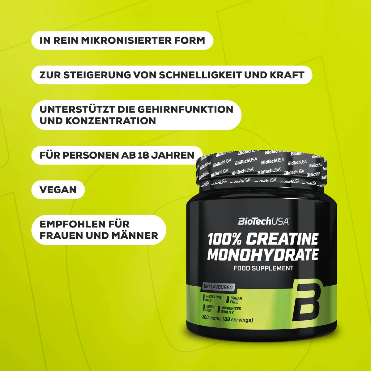 BioTechUSA 100% Creatine Monohydrate | Kreatin in pharmazeutischer Qualität | Mikronisiert | Vegan | Glutenfrei, 500 g Dose – Bild 3
