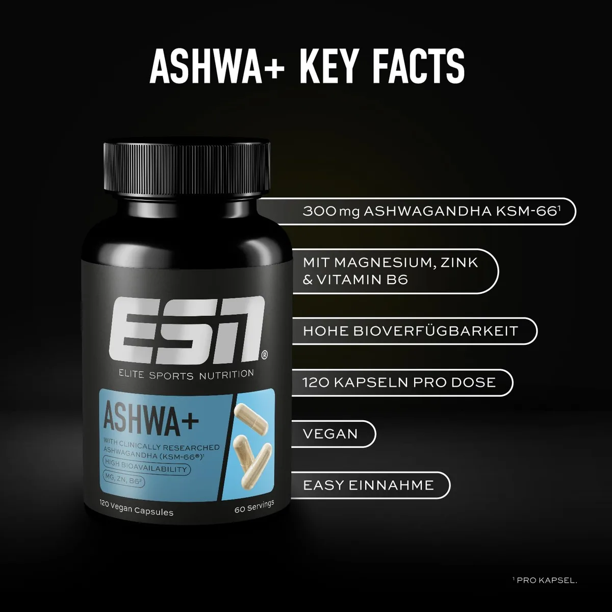 ESN Ashwa +, Ashwagandha hochdosiert, patentiertes KSM 66®, 120 Kapseln, mit Magnesium, Vitamin B6 & Zink - made in Germany – Bild 3