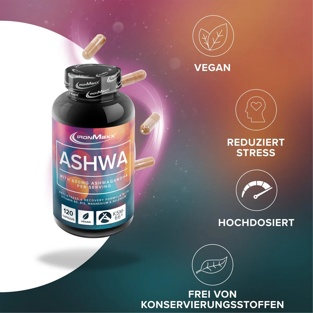 IronMaxx Ashwagandha - 120 Kapseln | 600mg KSM-66® pro Tagesdosis | Mit Vitamin B6 & B12 | mit Magnesium & Selenium | Vegan – Bild 2