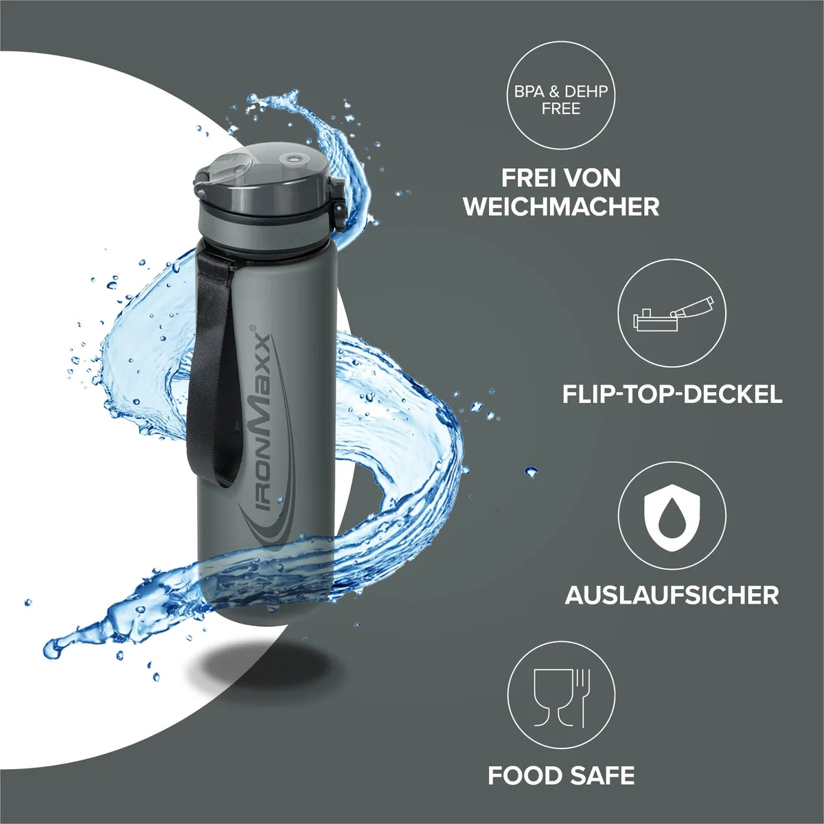 Sport Water Bottle (1000ml) - Ash Grey – Bild 2