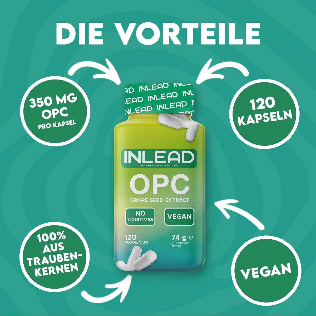INLEAD - OPC Traubenkernextrakt | Hochdosiert mit 350 mg OPC pro Kapsel | 100% Pflanzlich & ohne Zusatzstoffe - 120 Kapseln – Bild 2