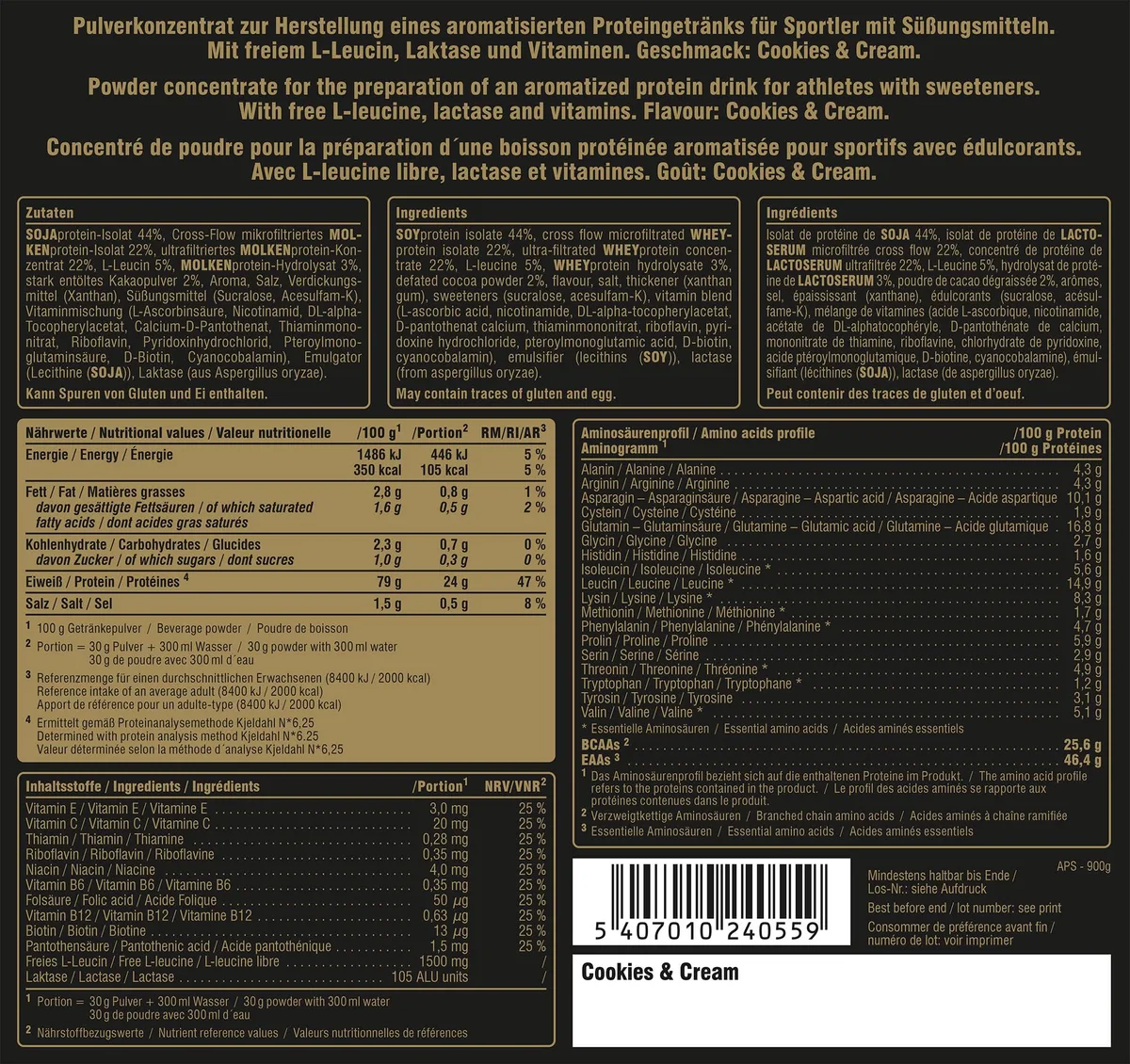 PEAK Anabolic Protein Selection - 900g Geschmack Cookies & Cream I 30 Portionen I Proteinquellen: Whey Isolat, Konzentrat, Hydrolysat & Sojaprotein-Isolat I L-Leucin I Muskelaufbau – Bild 2