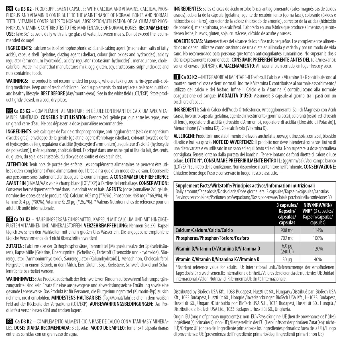 BioTechUSA Ca D3 K2,Calciumhaltiges Nahrungsergänzungsmittel in Kapselform mit Vitaminen und Mineralien, 90 Kapseln – Bild 4