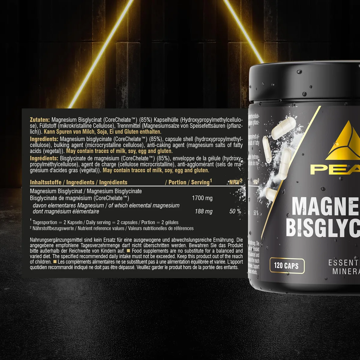 PEAK Magnesium Bisglycinat - 120 Kapseln hochdosiert I 188 mg elementares Magnesium pro Tagesportion I essenzieller Mineralstoff I hohe Bioverfügbarkeit – Bild 2