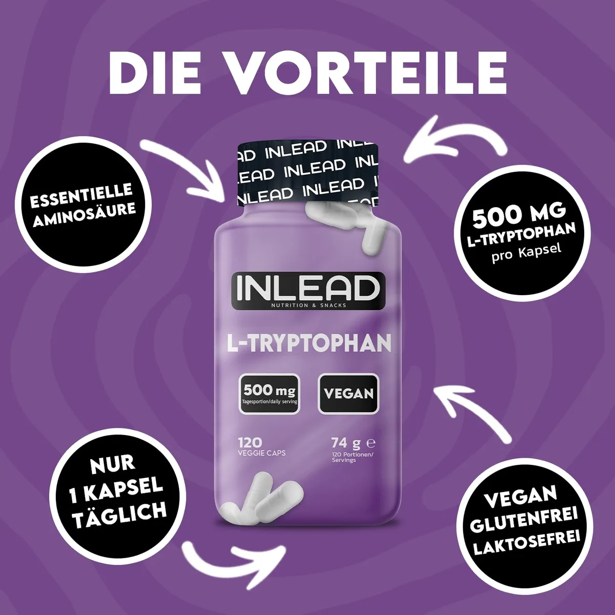 INLEAD - L-Tryptophan Caps | Essentielle Aminosäure für bewusste Ernährung & aktiven Alltag | 500mg pro Kapsel | Vegane Kapseln - 120 Kapseln – Bild 2