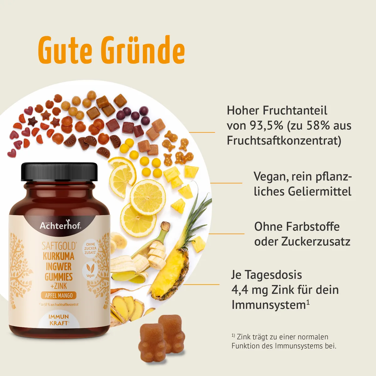 Saftgold Kurkuma Ingwer Gummies Apfel Mango + Zink (75 Stück) – Bild 2