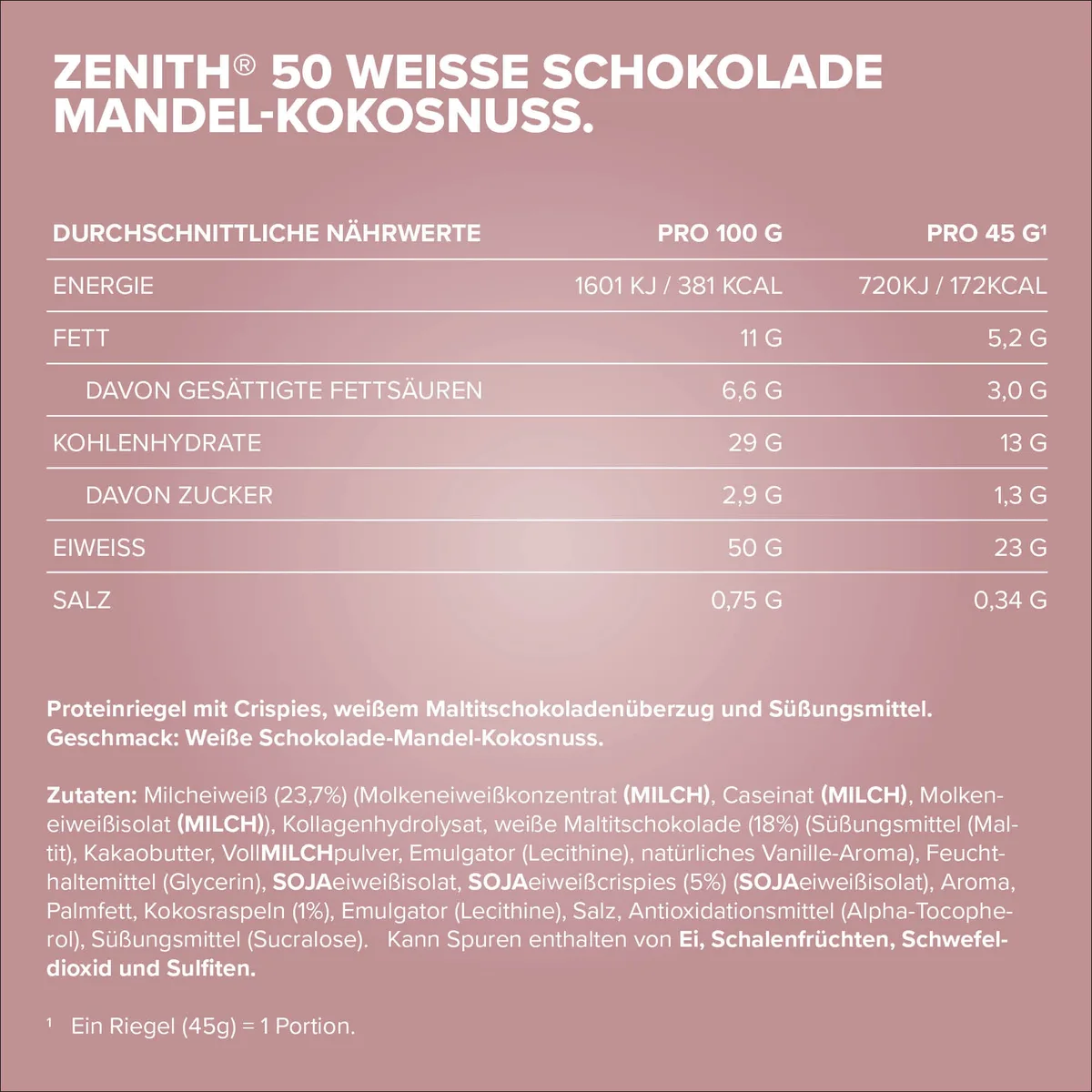 ZENITH® 50 Protein Riegel (16x45g) - White Almond Coconut Crisp – Bild 4