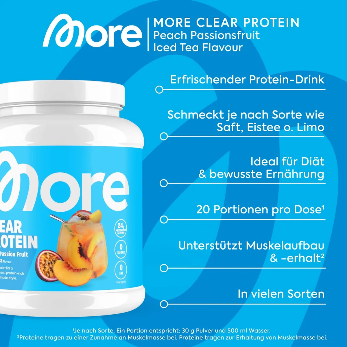 MORE Clear Protein, Peach Passionfruit Ice Tea, 600 g, Protein Drink mit Whey Isolat - made in Germany – Bild 3