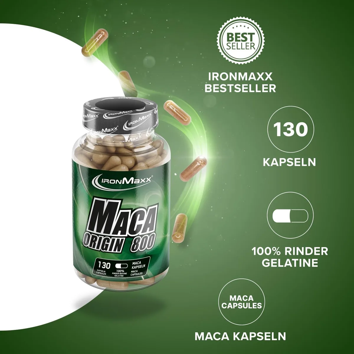 IronMaxx Maca Origin – Hochdosierte Maca Kapseln 130 Stück | 800 mg Reiner Maca Extrakt aus Peru | Vegan, Pflanzlich & Premium Qualität – Bild 2