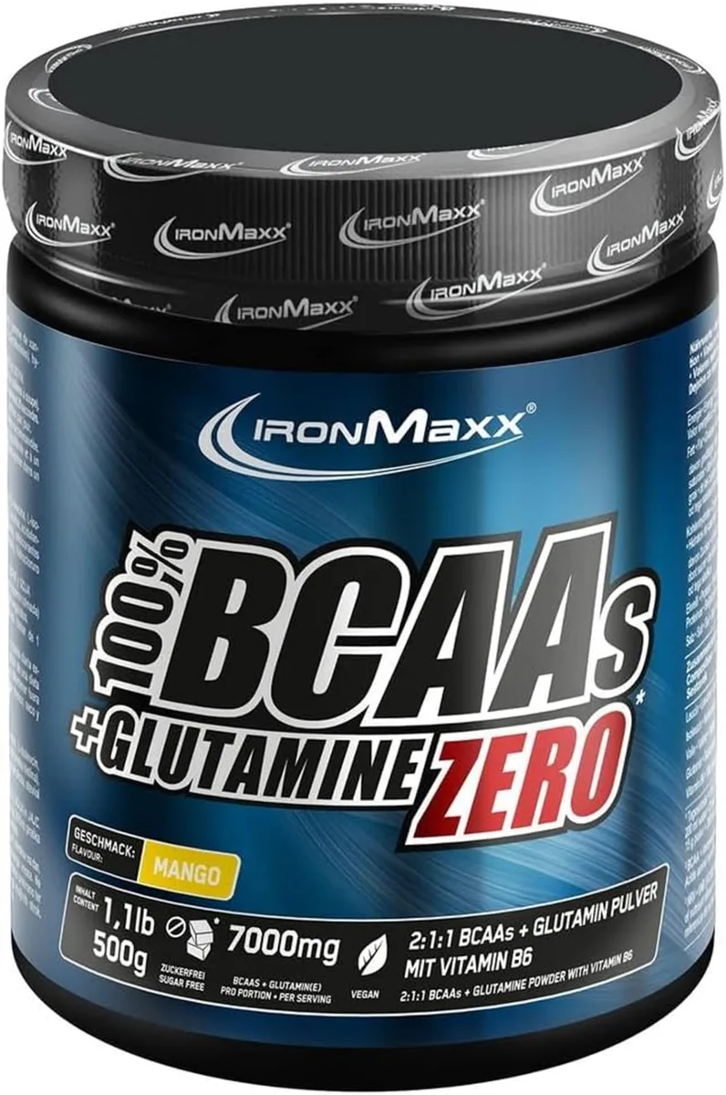 IronMaxx 100% BCAAs + Glutamine Zero - Mango 500g | veganes & zuckerfreies Aminosäuren Pulver mit Vitamin B6 | 6000 mg BCAA´s und 1000 mg Glutamin pro Portion