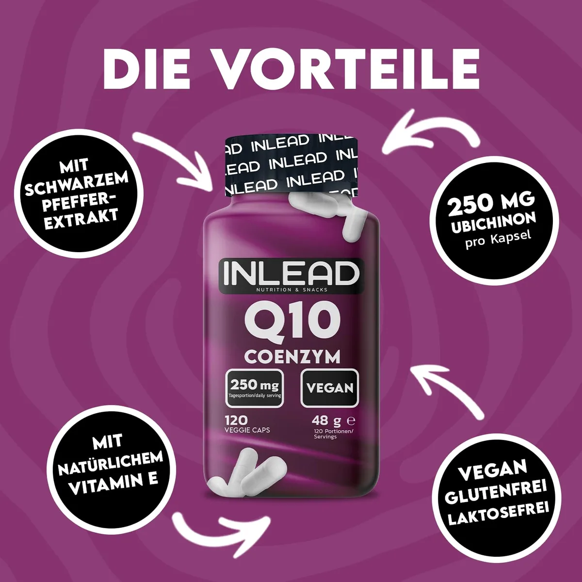 INLEAD - Q10 Coenzym 250mg | Hochdosiertes Ubichinon mit Vitamin E & schwarzem Pfefferextrakt | Vegan, Glutenfrei & Laktosefrei - 120 Kapseln â Bild 2