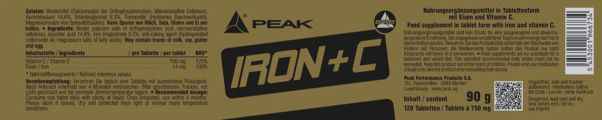 PEAK Iron + C - 120 Tabletten I Eisen Bisglycinat I Vitamin C I Nährstoffversorgung I hohe Bioverfügbarkeit I Immunsystem I Energiestoffwechsel I Sauerstofftransport I vegan I glutenfrei – Bild 2