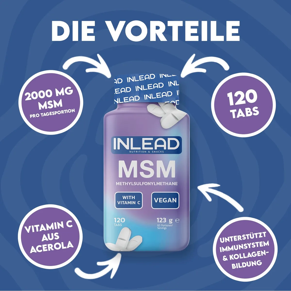 INLEAD - MSM + Vitamin C aus natürlichem Acerola-Extrakt | 2000mg MSM & 12mg Vitamin C pro Portion | Für Bindegewebe, Knorpel & Gelenke | Vegan - 120 Tabletten – Bild 2