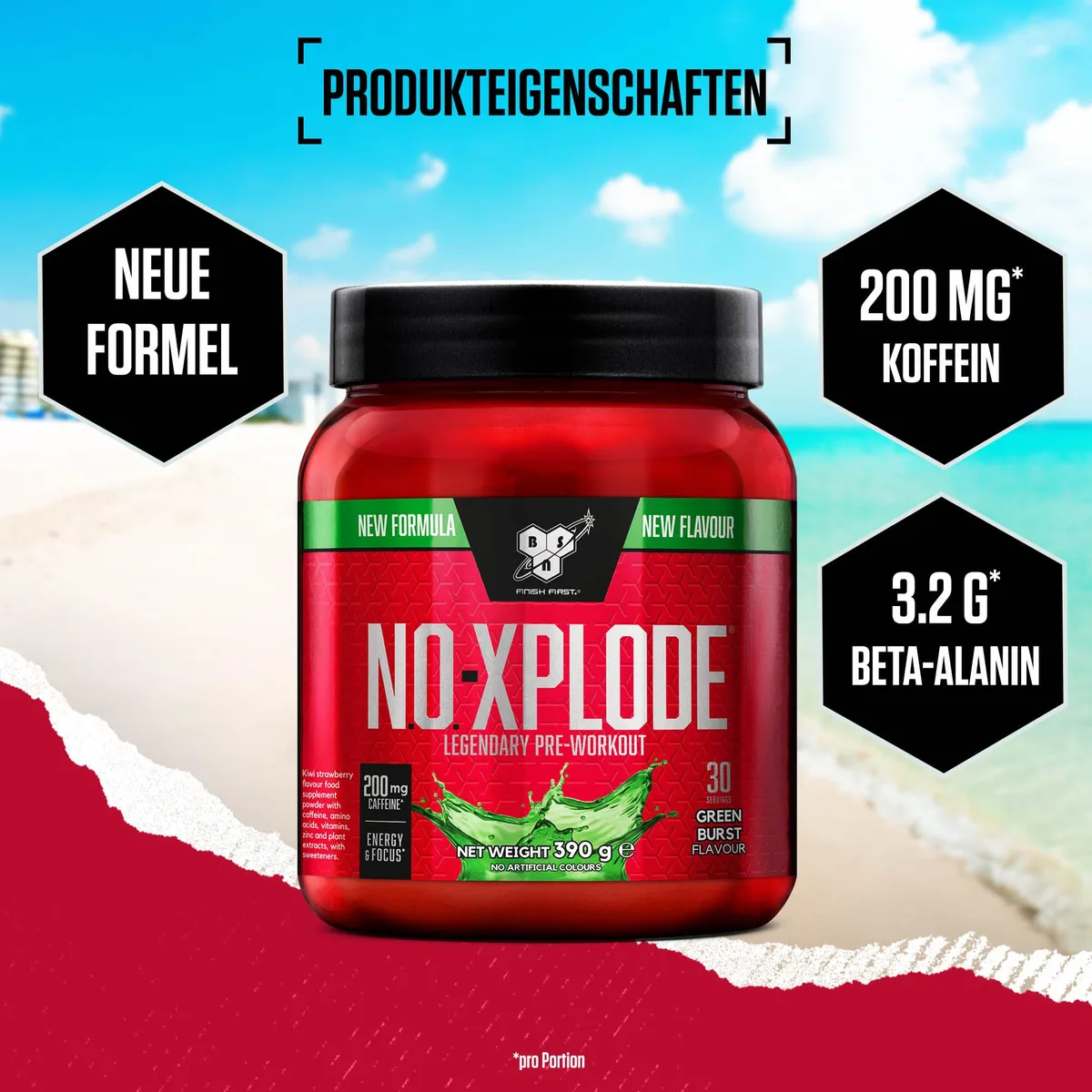 BSN Nutrition N.O.-Xplode Pre-Workout Pulver Nahrungsergänzungsmittel, mehr Energie und Konzentration mit Koffein, Aminosäuren, Vitamin C und Zink, Geschmacksrichtung Green Burst, 30 Portionen, 390 g – Bild 2