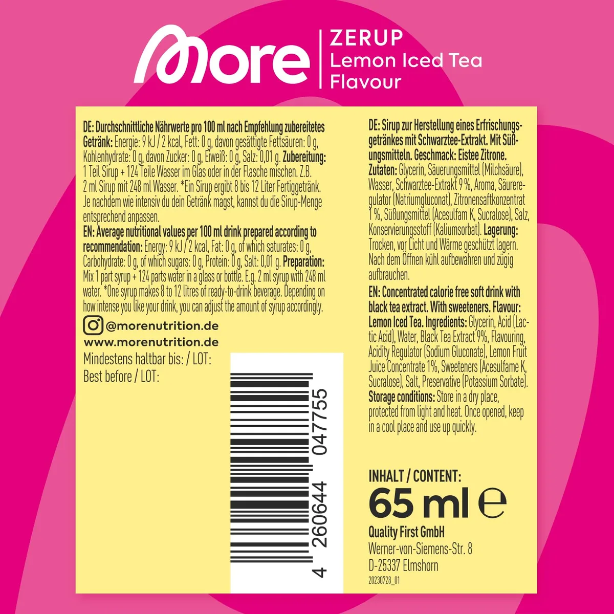 MORE Zerup, Lemon Iced Tea, 65 ml, für bis zu 8 l Fertiggetränk, zuckerfreier Sirup mit u.a. echten Fruchtextrakten, vegan, zero Kalorien - made in Germany – Bild 4