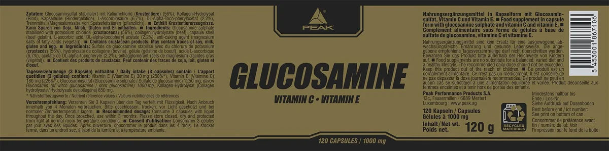 PEAK Glucosamin - 120 Kapseln I Gelenke I Knorpel I Sehnen I Bänder I Vitamin C I Vitamin E I ideal bei Krafttraining – Bild 4