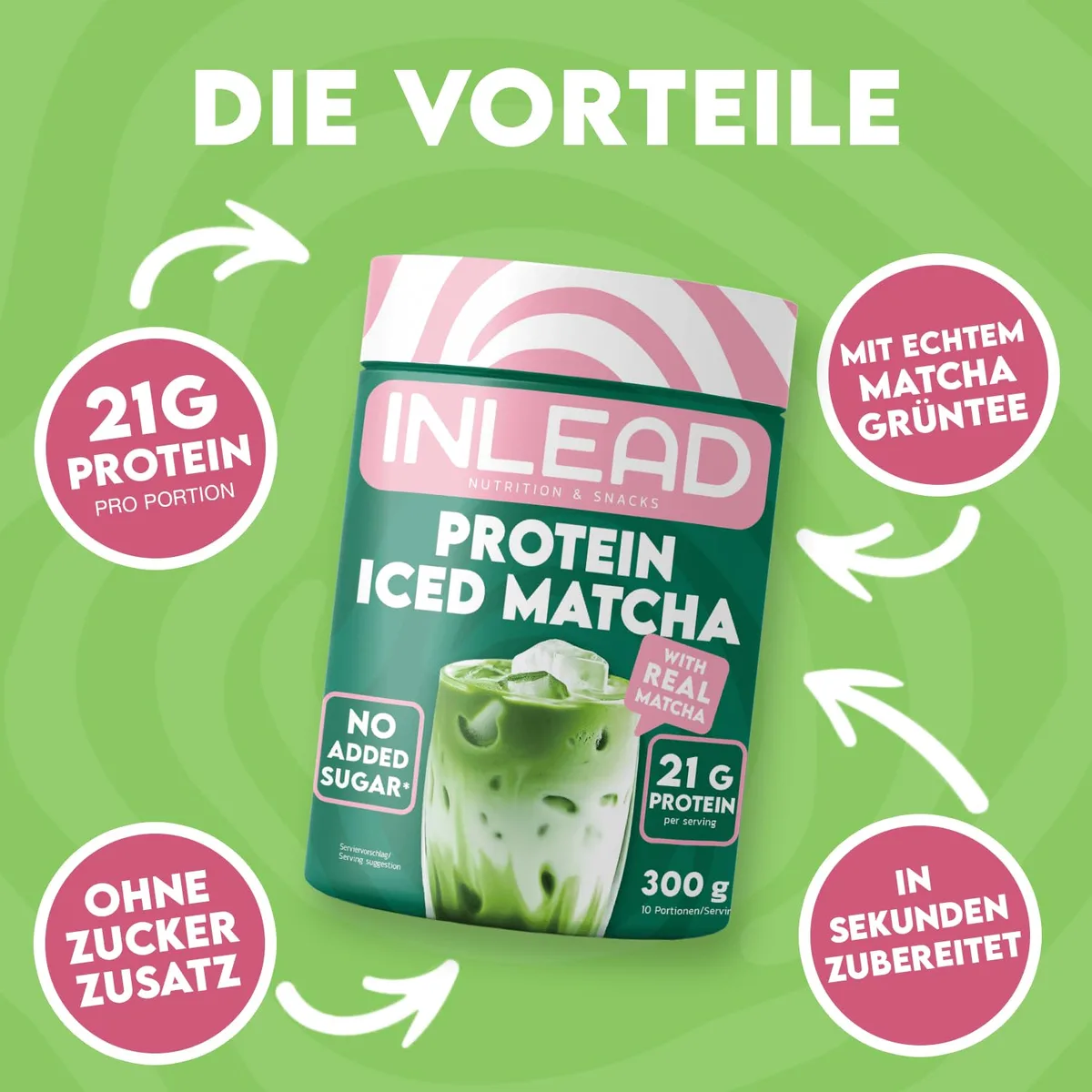 INLEAD - Protein Iced Matcha | 21g Protein pro Portion mit echtem Matcha | Cremig löslicher Proteinshake ohne Zuckerzusatz | Ideal für Alltag & Sport | Proteinpulver - 300g – Bild 2